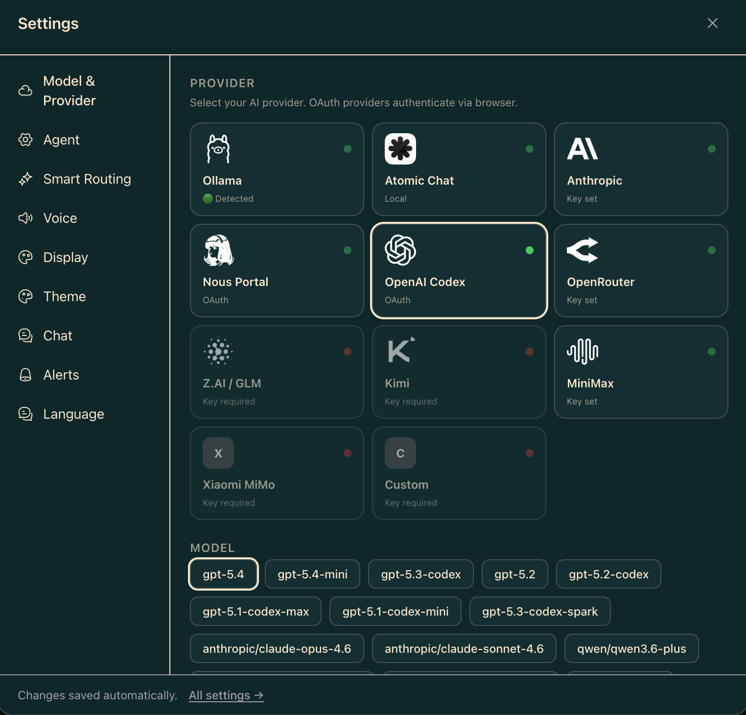 Settings screenshot